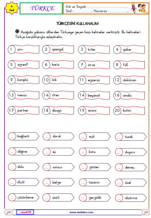 4. Sınıf Türkçe Türkçesini Kullanalım Etkinliği